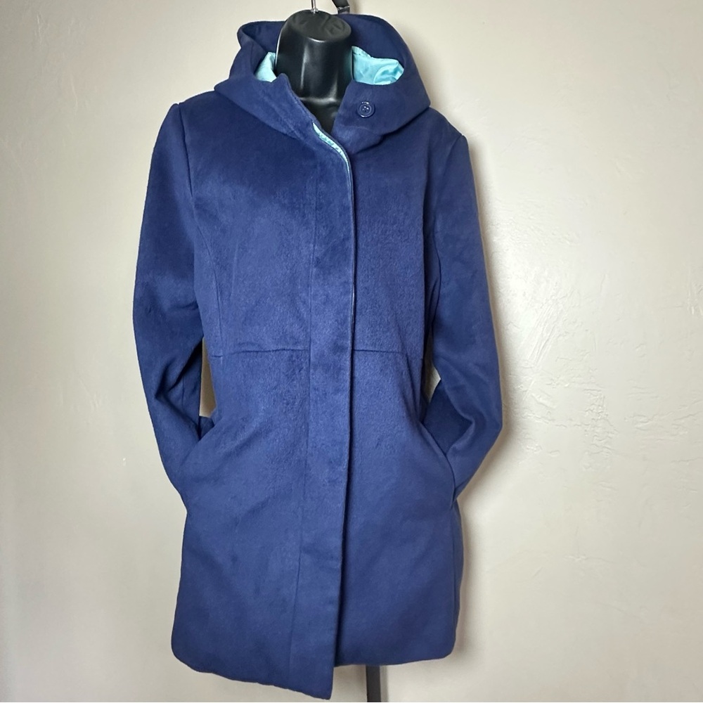 Elegant Chico’s Heavy-Weight Navy Pea Coat with Turquoise lining and Hood